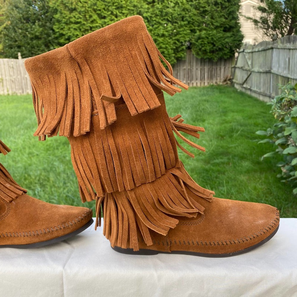 Minnetonka 3 Layer Fringe Suede Brown Pull On Boo… - image 7
